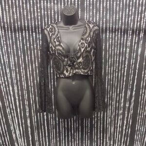 Chic Black Lace Crop Top with Long Bell Sleeves